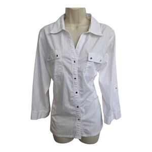 Women's White Blouse Size XL Cotton Blend 3/4 Roll Tab Sleeve Zac & Rachel